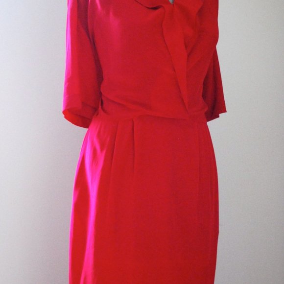 100% Silk Cherry Red Collared Dress - Picture 7 of 12